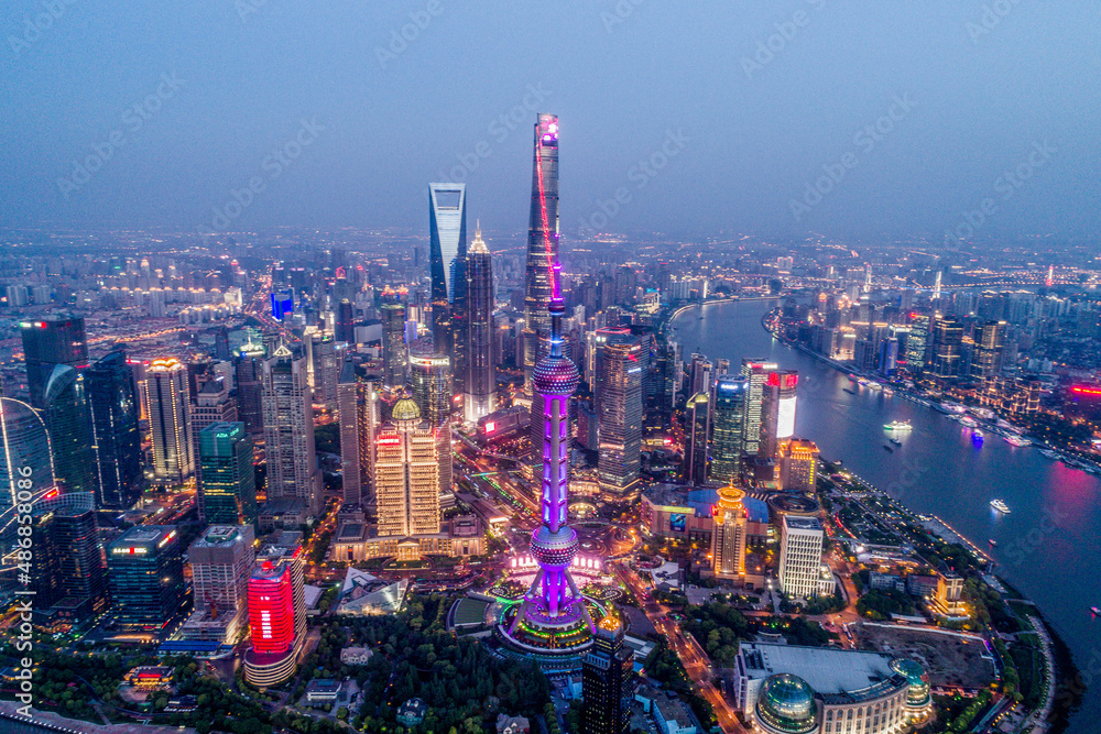 Aerial photography of cityscape at night in Pudong of Shanghai City
