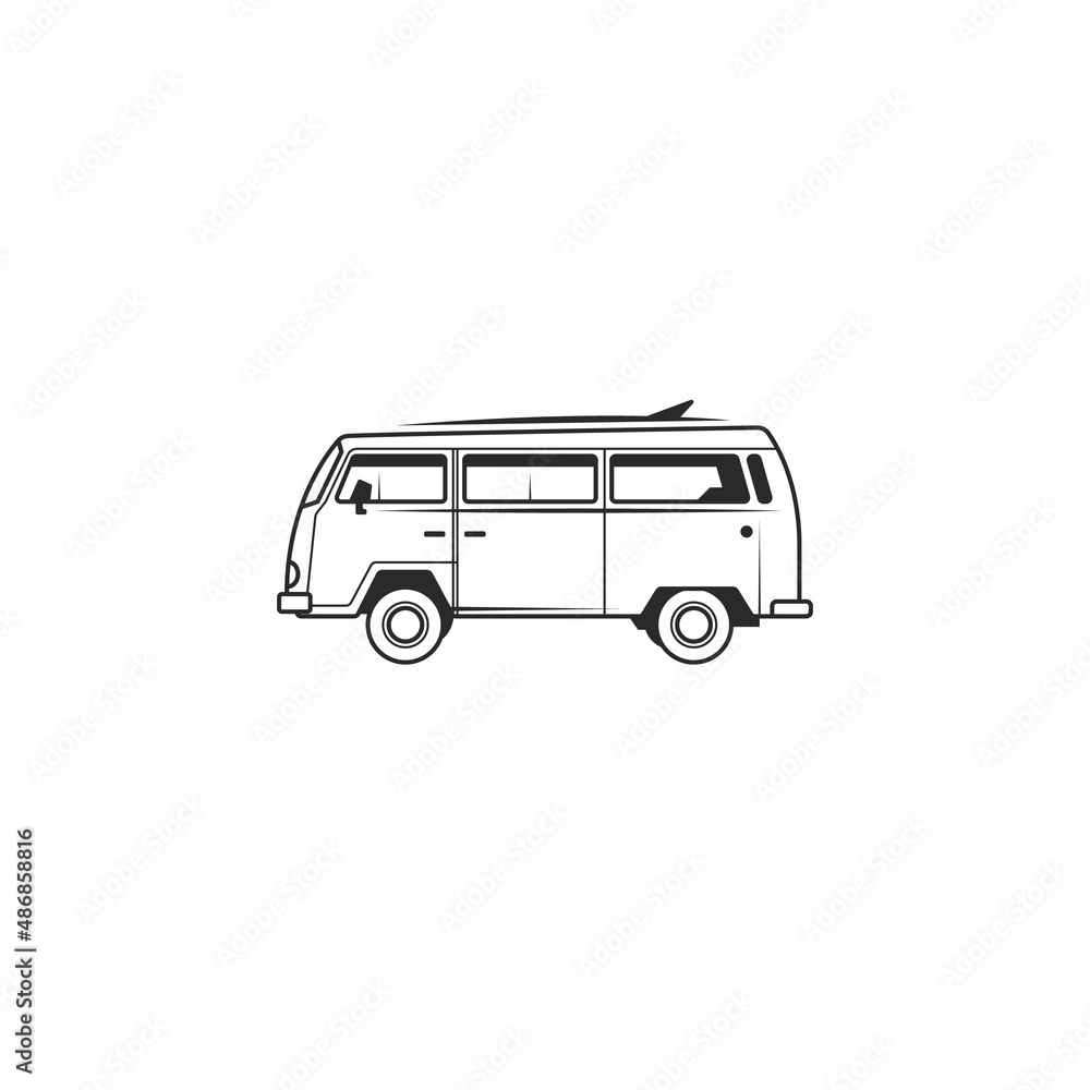 Vintage retro campervan with surf board vector Illustration isolated on white background