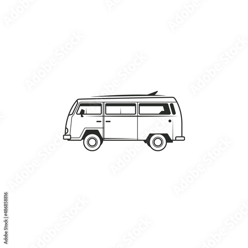 Vintage retro campervan with surf board vector Illustration isolated on white background
