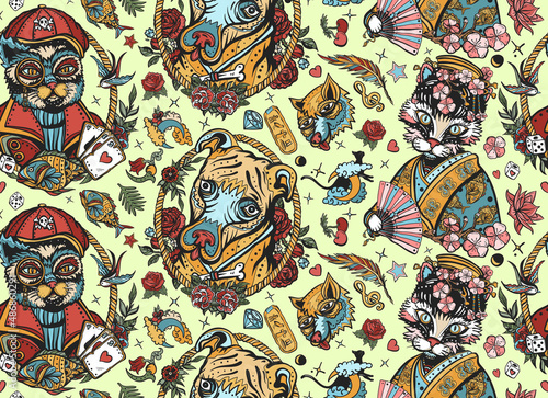 Cats and dogs pattern. Pets art, animals background. Old school tattoo style. Portrait of kitty geisha princess at sailor cat. Traditional tattooing style