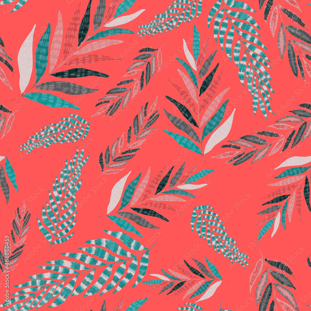 Modern abstract seamless pattern with creative colorful tropical leaves. Retro bright summer background. Jungle foliage illustration. Swimwear botanical design. Vintage exotic print.	