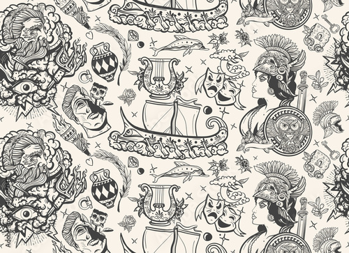 Ancient Greece. Athena and Zeus, greek olympic gods. Seamless pattern. Historical myths heroes and legends background. Old school tattoo style. Head statue, old boat, olive, golden fleece