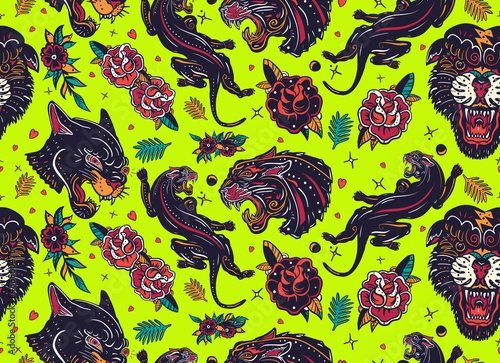 Photography Black panthers and roses flowers  seamless pattern