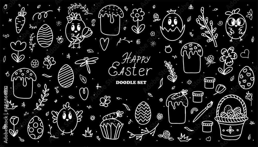 Plakat Wielkanocna kolekcja tradycyjnych doodle - jajka, kurczaki, kosz, chrześcijański wektor zestaw dekoracji. Ilustracja wektorowa ręcznie rysunki ilustracja na białym tle