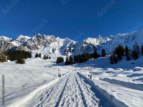 Local mountain road under fresh snow winter cover in a gentle alpine valley at the foot of the Alpstein mountain in the Appenzell Alps massif - Switzerland (Schweiz) © Mario