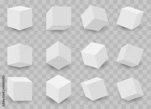 3d cubes. Model of white cubes with shadow. Geometric shapes background.