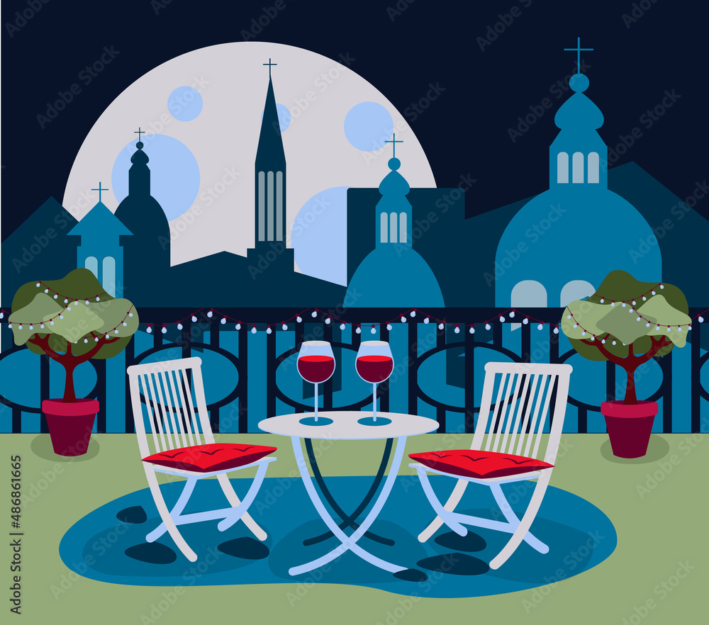 Cozy restaurant on rooftop with table and two chair in the old city Rome with the cityscape evening or night