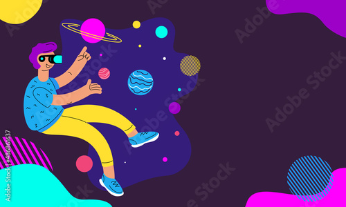Virtual reality. A man in VR glasses in outer space. Banner with copy space. Vector stock illustration in flat style. 
