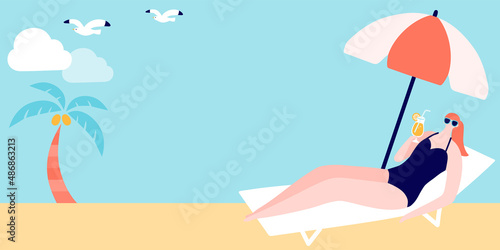 夏 砂浜 やしの木 かもめ パラソル水着の女性のイラスト バナー タイトル素材