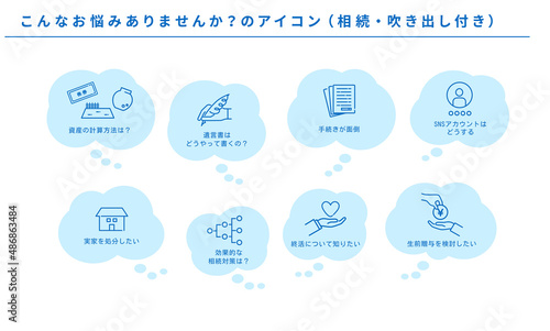 こんなお悩みありませんか？のアイコンセット（相続）、吹き出し付き、ベクター