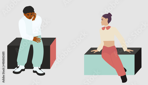 People sitting on cubes Copy space Man talking on phone Couple Be yourself concept Non-binary gender person Vector illustration Isolated on white background