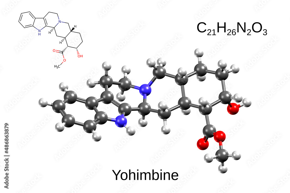 Chemical formula, skeletal formula, and 3D ball-and-stick model of yohimbine, a drug for erectile dysfunction, white background Chemical formula, skeletal formula, and 3D ball-and-stick model of yohimbine, a drug for erectile dysfunction, white background