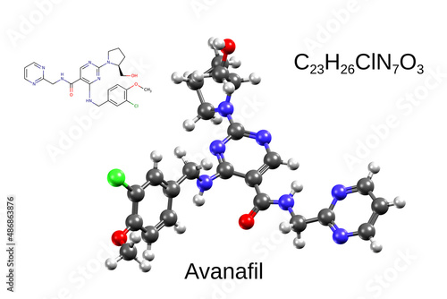 Chemical formula, skeletal formula, and 3D ball-and-stick model of avanafil, a drug for erectile dysfunction, white background