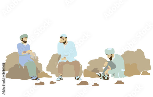 A drawing of three lepers. Unclean. Orthodox Jews in Jerusalem outside the city gates. Sit on the ground and on the rocks and treat their wounds. Traditional authentic historical attire. Isolated. 