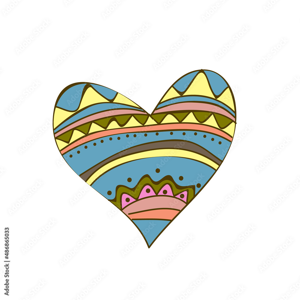 Vector heart shape. Hand drawn ornament blue heart. Doodle for Valentine greeting card on white