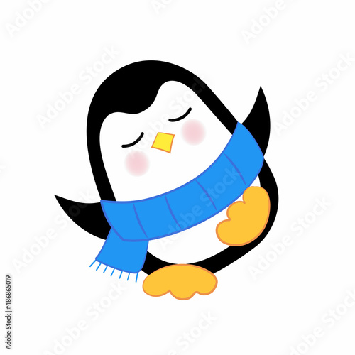 Cute dancing penguin in a blue scarf. Vector illustration. Kawaii, children's isolated vector illustration.