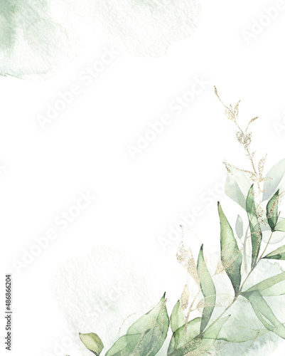 Watercolor painted gentle greenery frame template. Green and background with branches, leaves and abstract washes.  photo