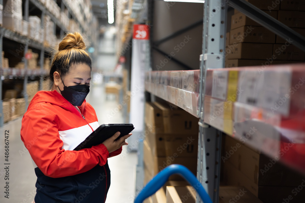 Fat woman worker inspecting stock of products while working in large warehouse. face mask during coronavirus and flu outbreak. Virus and illness protection Fat woman worker inspecting stock of products while working in large warehouse. face mask during coronavirus and flu outbreak. Virus and illness protection