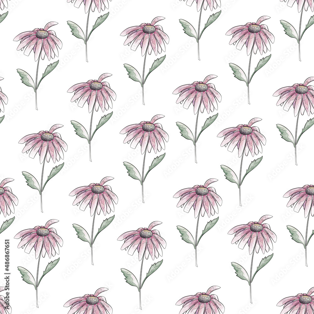 Creative seamless pattern. Modern design. Watercolor flowers Chamomile. Vector illustration.