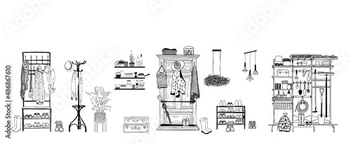 A set of wardrobes and clothes hangers.Hand-drawn vector illustration.