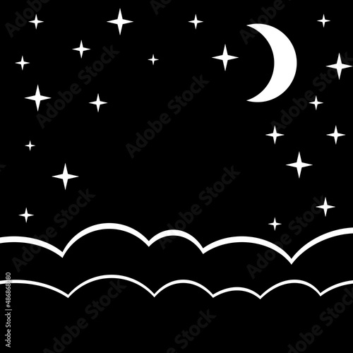 Night sky with stars and moon, monochrome black white style, paper layout. Baby background