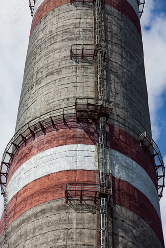 GRES-1 thermal power station. Close up photo of concrete smoke stack. Ekibastuz, Pavlodar region, Kazakhstan. photo