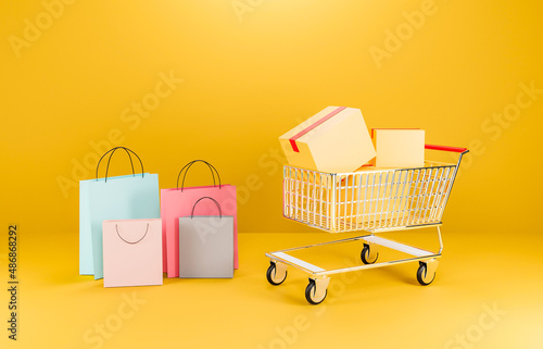 3d illustration. Shopping bags and boxes on carts
