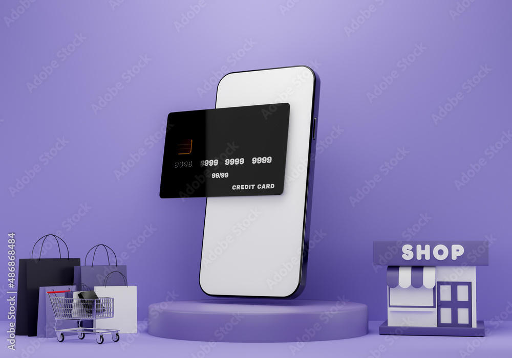 Obraz premium 3d illustration. Using credit cards for shopping with banks and stores online on smartphone