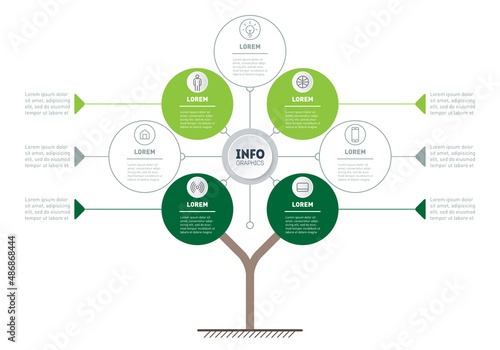 Tree or Infographic of technological or education process with 7 or 4 points. Eco Business presentation concept with four options. Template of tree, info chart or diagram.