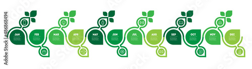 Agricultural production calendar. Development of the business. Green Business concept with steps or processes. Gardener's calendar for 12 months. Timeline with leafs or infographics with twelve parts.