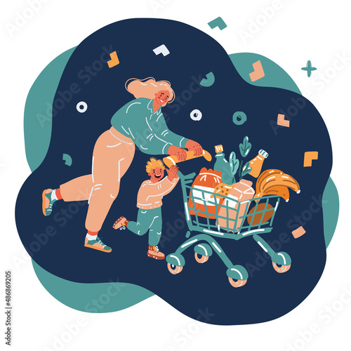 Cartoon vector illustration of mother and son in supermarket with trolley full of food