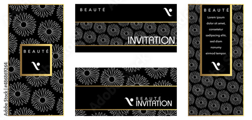 Ensemble de flyers et cartes d’invitation décorés d’un motif floral blanc sur un fond noir. photo