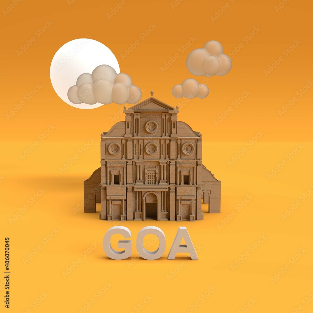 3d render Goa church in yellow background - obrazy, fototapety, plakaty 