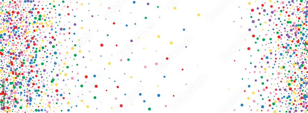 Multicolored Round Background White Vector. Dot Falling Texture. Bright Shrovetide. Rainbow Circle Geometric. Confetti Graphic Template.