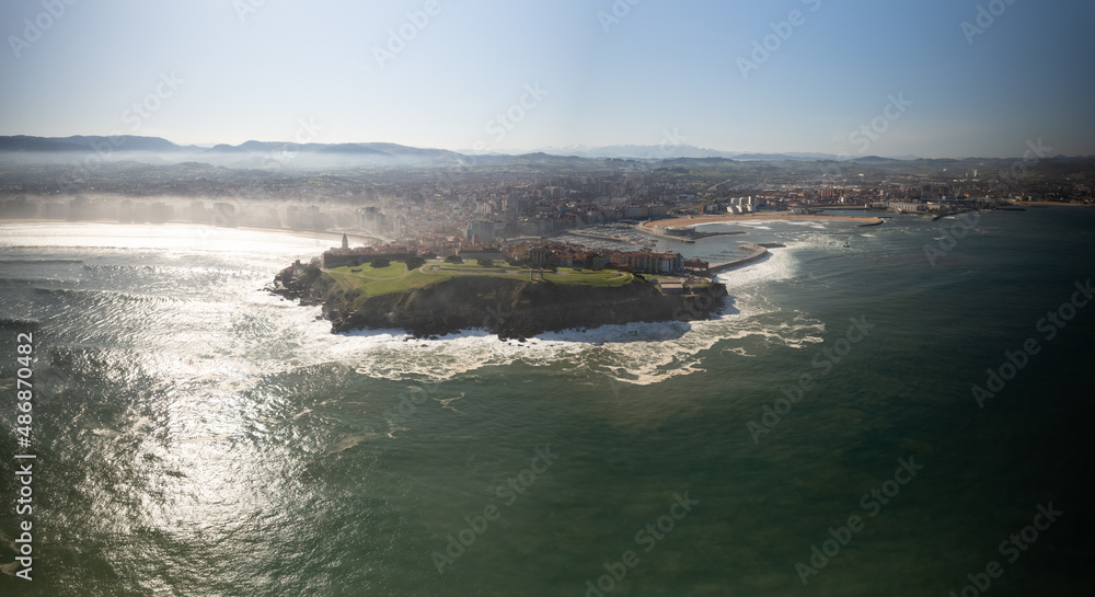 aerial view of the hill of santa catalina and all of gijon, asturias, spain