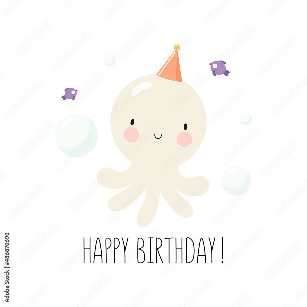 Birthday Party, Greeting Card, Party Invitation. Kids illustration with Cute baby Octopus character. Vector illustration in cartoon style.	