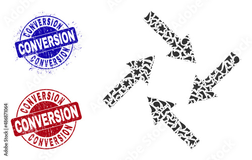 Round CONVERSION scratched stamp imitations with tag inside circle shapes, and fragment mosaic centripetal arrows icon. Blue and red stamp seals includes CONVERSION tag.