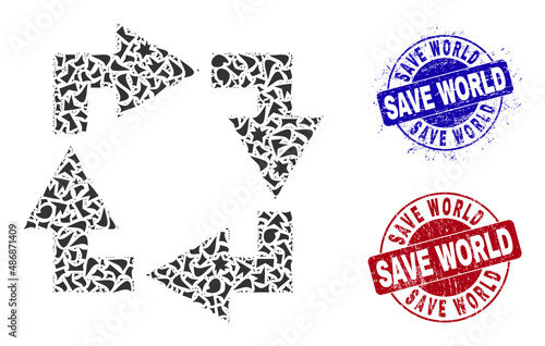 Round SAVE WORLD grunge stamp seals with word inside round forms, and shard mosaic recycle icon. Blue and red stamp seals includes SAVE WORLD caption. Recycle mosaic icon of fraction parts.