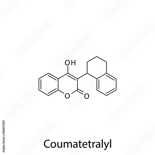 Coumatetralyl molecular structure, flat skeletal chemical formula. Vitamin K antagonist Rodenticide drug used to treat Pest control. Vector illustration.