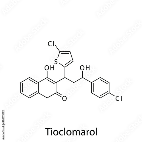 Tioclomarol molecular structure, flat skeletal chemical formula. Vitamin K antagonist Rodenticide drug used to treat Pest control. Vector illustration.