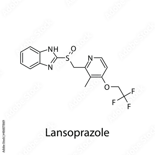 Lansoprazole molecular structure, flat skeletal chemical formula. Proton pump inhibitor drug used to treat . Vector illustration.