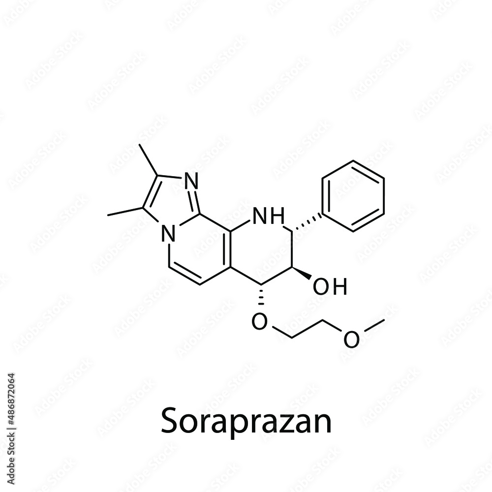 Soraprazan molecular structure, flat skeletal chemical formula. Potassium-competitive acid blocker drug used to treat . Vector illustration.