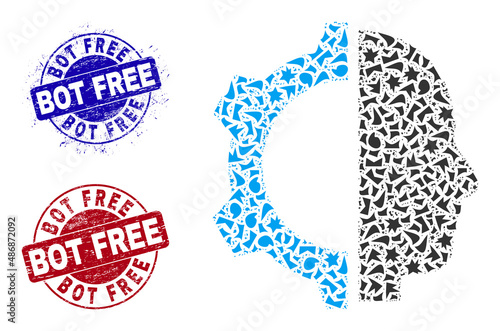 Round BOT FREE scratched stamp imitations with tag inside round forms, and shard mosaic cyborg gear icon. Blue and red stamp seals includes BOT FREE title. Cyborg gear mosaic icon of shard parts.