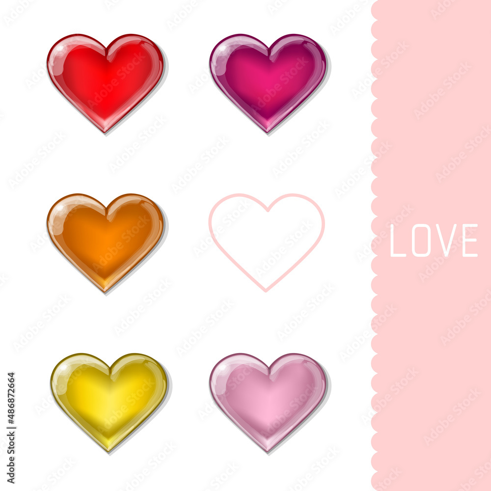 Red, Ruby, Pink, Orange and Yellow glass hearts. Vector Illustration