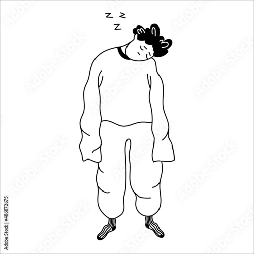 Male character falls asleep on the move. Severe fatigue. A man sleeps standing up. Vector hand-drawn illustration in doodle style on an isolated white background.