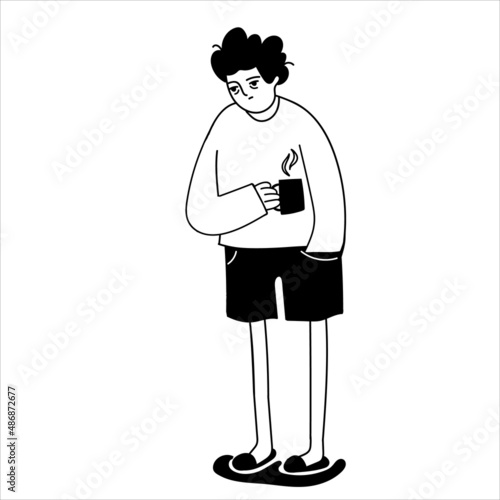 Sleepy male character with a coffee mug. A hard morning. A bad dream. Vector hand-drawn illustration in the style of doodles on an isolated white background.