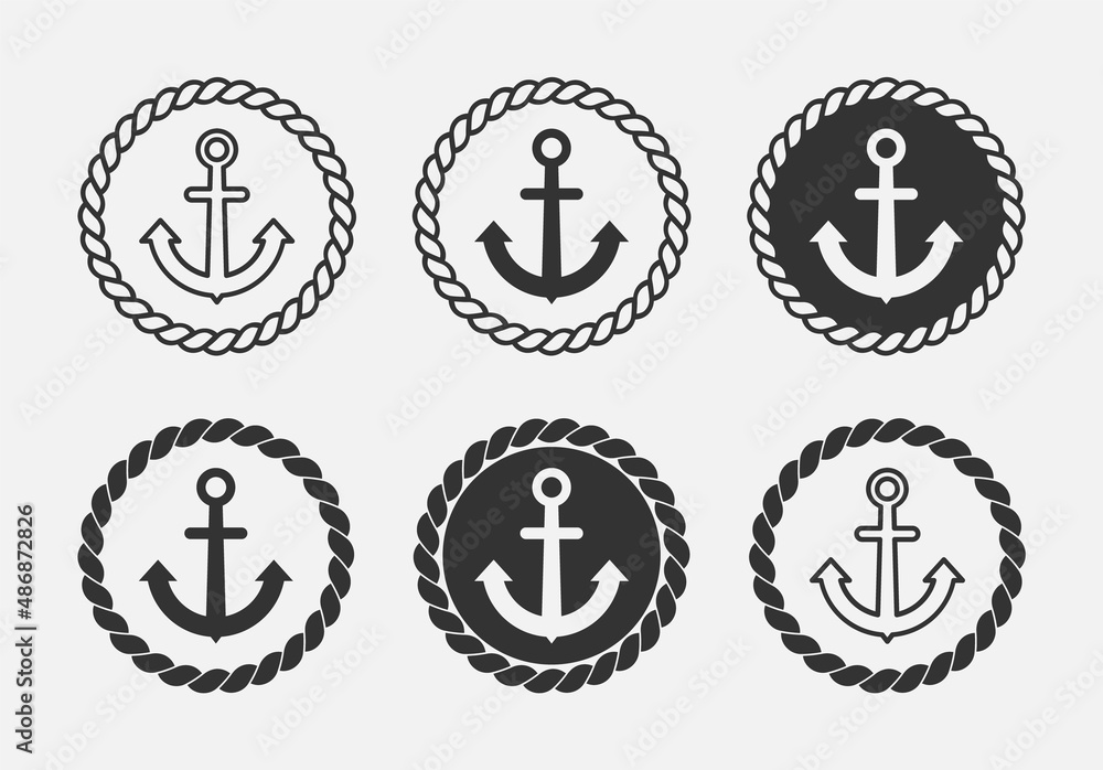Anchor and rope circle logo set. Nautical theme symbol group