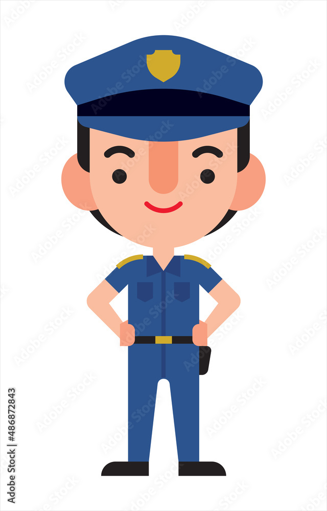 Flat design cartoon policeman with his hands on waist. Vector character illustration