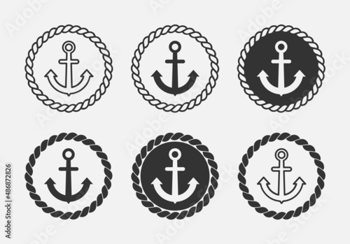 Anchor and rope circle logo set. Nautical theme symbol group. Sailing and sea vintage design elements. Marine emblem or badge. Round rope with anchor in the middle. Vector illustration, flat, clip art