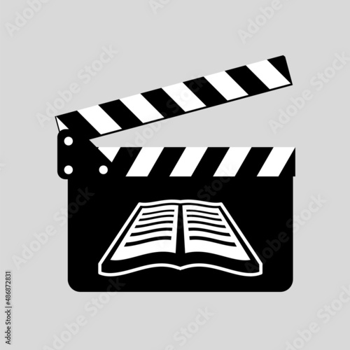 Clapboard with a book. Movie adapted from book. Clapper board with a script. Adapted scenario award concept. Storytelling and Screenwriting idea. Cinema industry. Vector illustration, flat, clip art. 